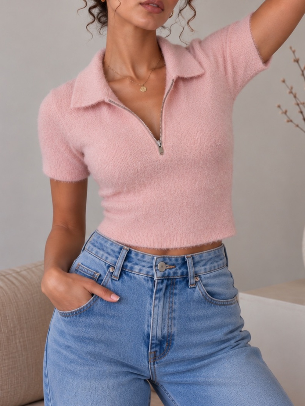 Soft Pink Fuzzy Zip-Collar Crop Top